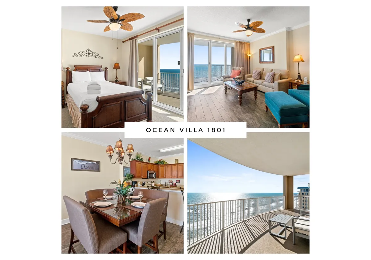 The image showcases the condo's stylish open-plan living space with plush seating, a wooden bed with crisp white linens, a set dining table with flowers, and floor-to-ceiling windows that open to a balcony with sweeping ocean views.