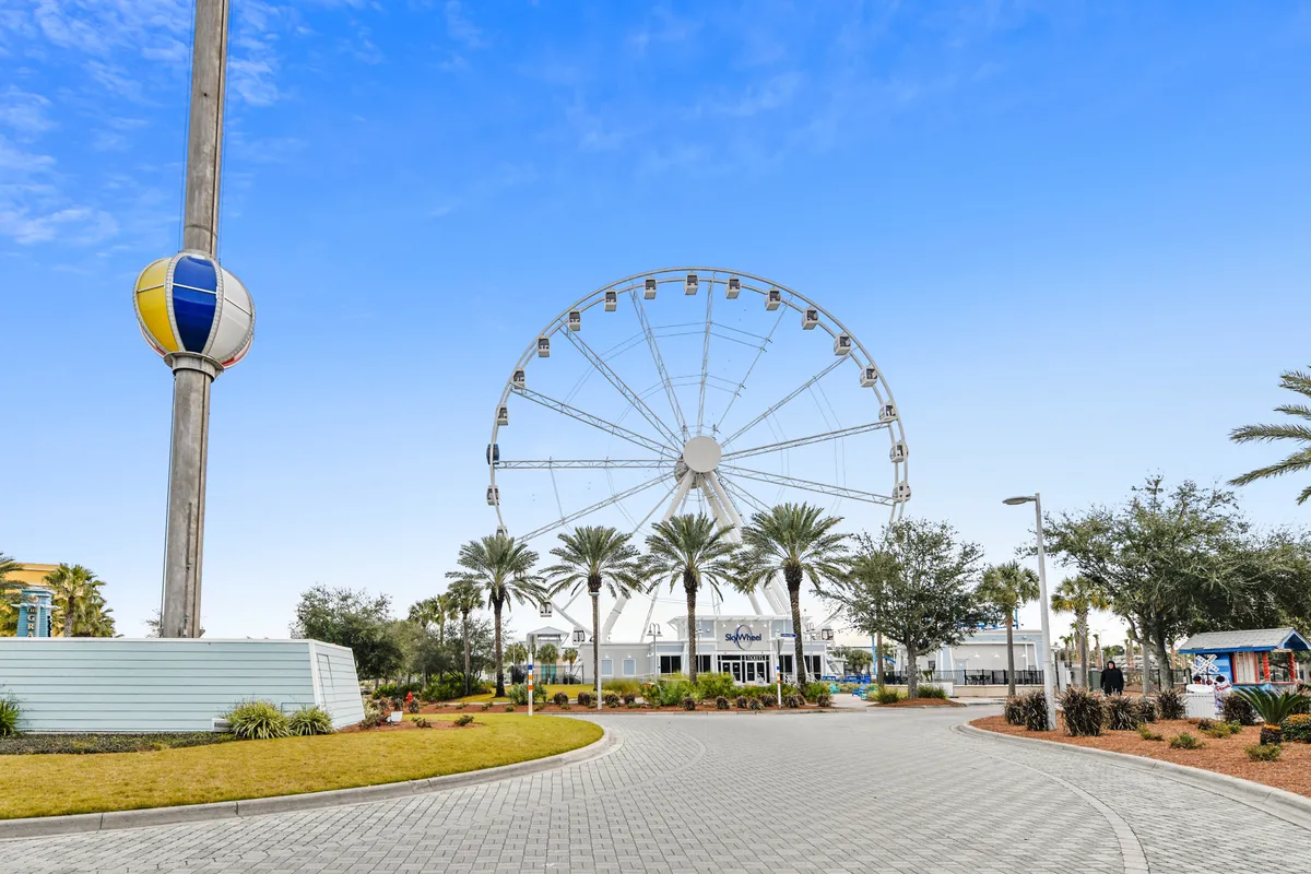 A large Ferris wheel rises above palm trees and a landscaped walkway, inviting visitors to stroll through a cheerful amusement area. Pops of color and open outdoor spaces suggest fun, relaxation, and opportunities to enjoy local attractions and partner activities during the winter season.